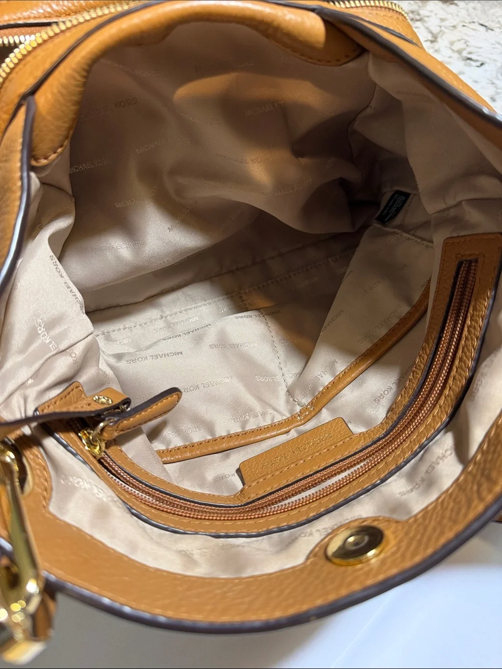 Michael Kors Cognac Pebbled Leather Shoulder Tote with Gold Hardware